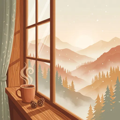 Cozy Winter Windowsill With Coffee and Mountains