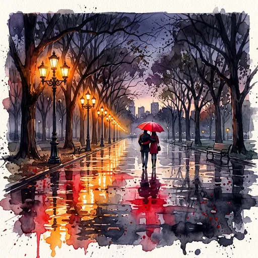 Watercolor Couple Walking Under Red Umbrella