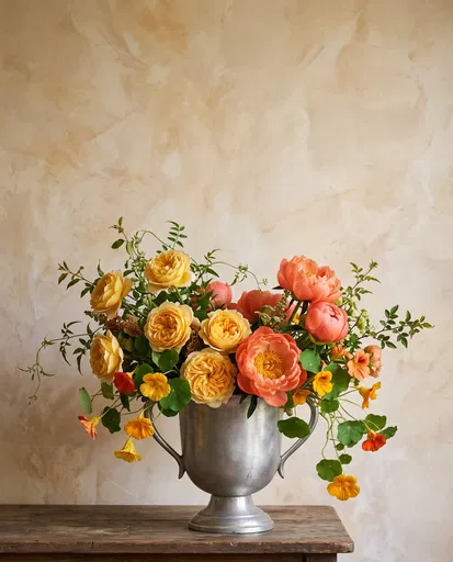 Yellow Roses and Coral Peonies in Metal Urn
