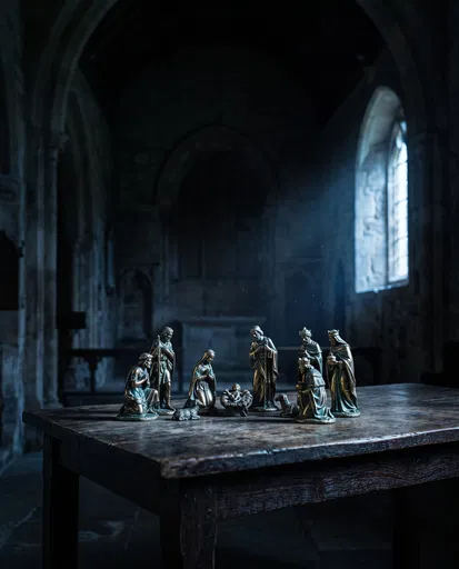 Bronze Nativity Set in Dark Chapel