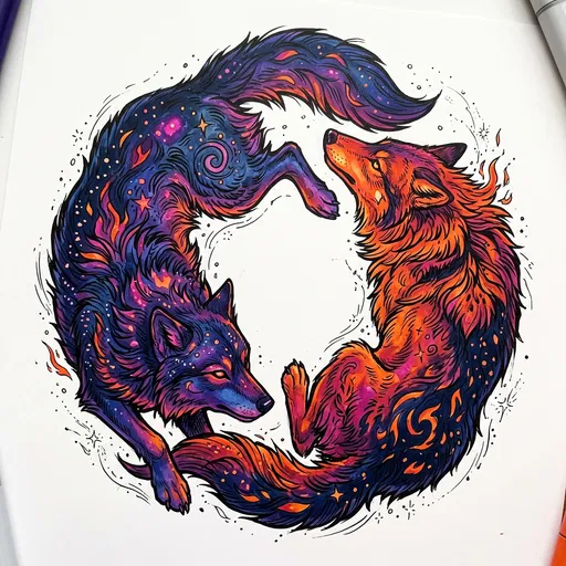 Vibrant Marker Illustration of Circling Wolves