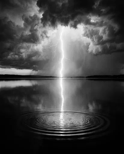Monochrome Lightning Strike Over Calm Lake