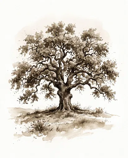 Sepia Watercolor Oak Tree Illustration