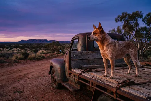 Red Heeler on Vintage Truck at Dusk