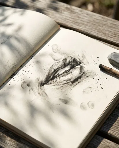 Charcoal Sketch of Lips in Sunlight
