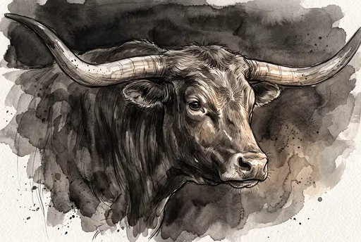 Sepia Watercolor Texas Longhorn Steer Illustration