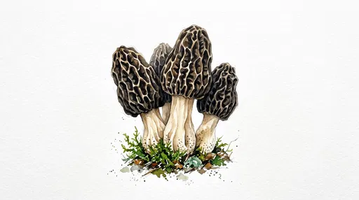 Watercolor Black Morel Mushrooms Cluster