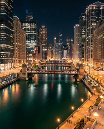 Illuminated Chicago River Canyon at Night