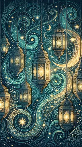 Ornate Hanging Lanterns on Swirling Teal Background