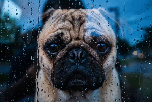 Fawn Pug Peering Through Rainy Window