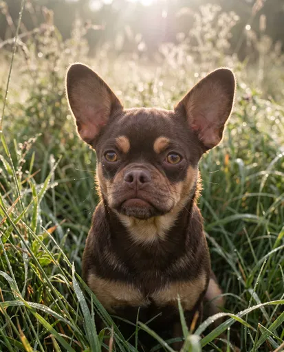 Chocolate Chihuahua Pug Mix in Morning Grass