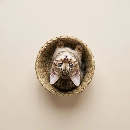 Curious Kitten in Woven Basket Overhead