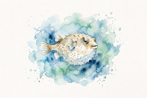 Watercolor Blowfish Illustration on Textured Paper