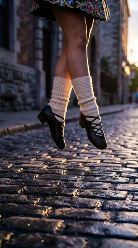 Irish Step Dancer Leaping Over Cobblestones