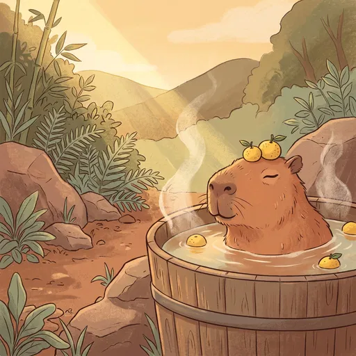 Capybara Relaxing in Steaming Wooden Tub