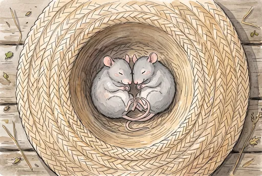 Two Cartoon Rats Sleeping in Straw Hat