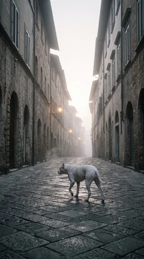 White Dog on Misty Cobblestone Street