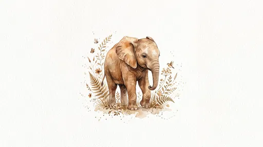Watercolor Baby Elephant Botanical Illustration