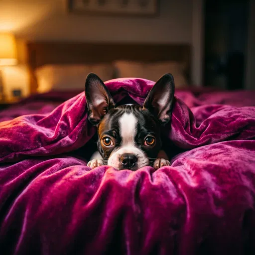 Boston Terrier Puppy Under Magenta Blanket