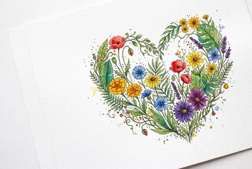 Watercolor Floral Heart Illustration on Paper