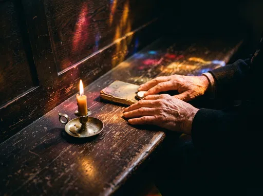 Older Hands by Candlelight on Wooden Pew