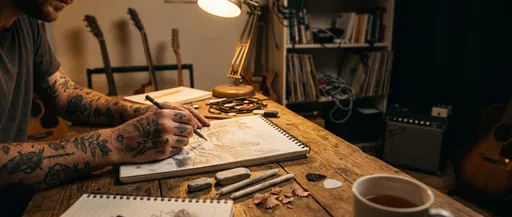 Tattooed Musician Sketching at Desk