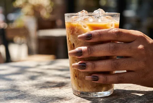 Hand With Brown Ombre Nails Holding Iced Coffee