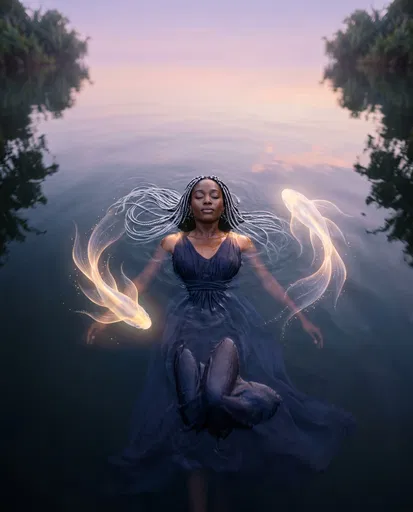 Woman Floating With Glowing Ethereal Fish