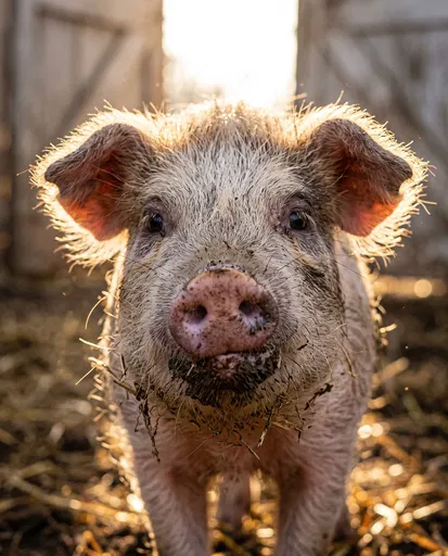 Backlit Muddy Piglet in Barnyard