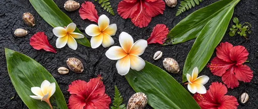Tropical Flowers and Shells on Black Sand