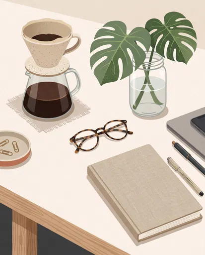 Illustrated Cozy Workspace With Pour-Over Coffee