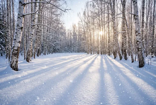 Sunlit Winter Birch Forest Clearing in Snow