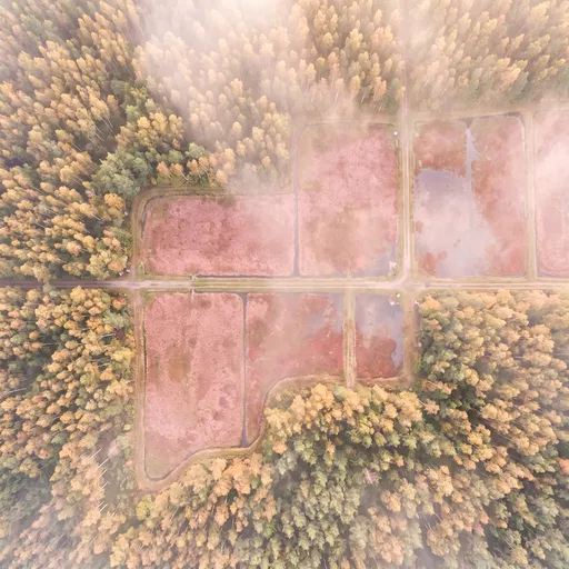 Aerial View of Misty Autumn Cranberry Bog