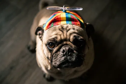 Pug Wearing Colorful Striped Propeller Hat