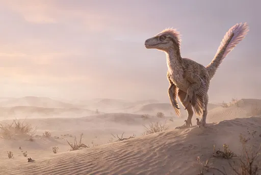 Feathered Velociraptor on Misty Desert Dune