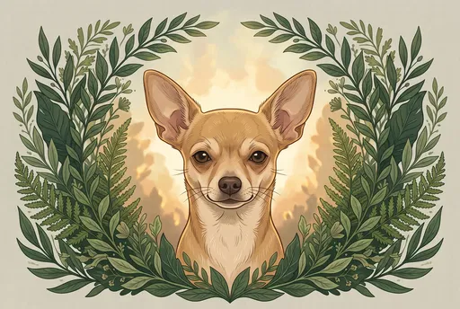 Symmetrical Illustration of Fawn Chihuahua in Foliage