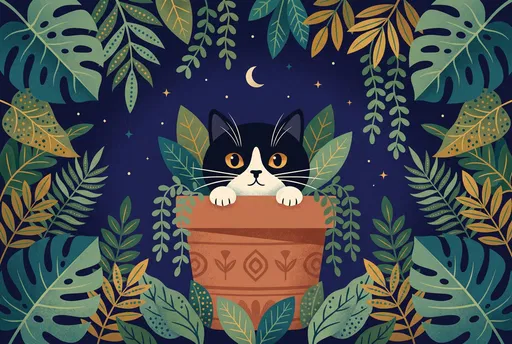 Tuxedo Cat in Terracotta Pot Illustration