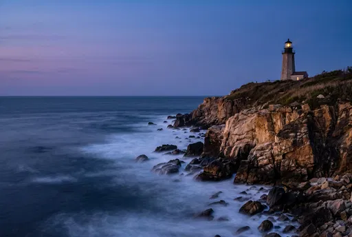 Stone Lighthouse on Rocky Coastal Bluff at Dusk