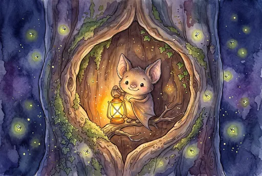 Cute Cartoon Bat With Glowing Lantern