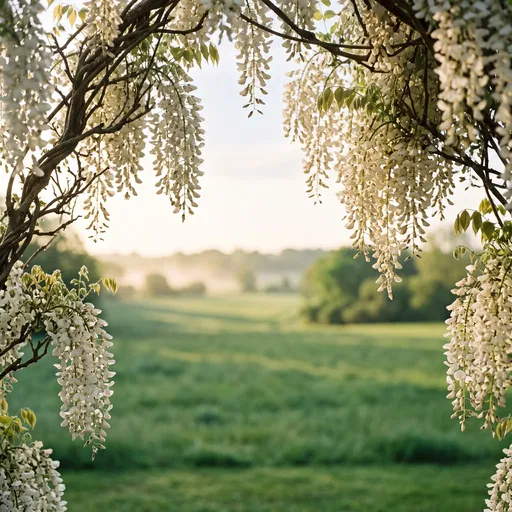 White Wisteria Framing Sunlit Green Meadow