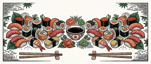 Symmetrical Woodcut Sushi Platter Illustration