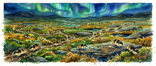 Watercolor Norway Lemmings Under Northern Lights