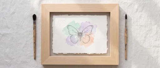 Framed Watercolor Butterfly Sketch Flat Lay