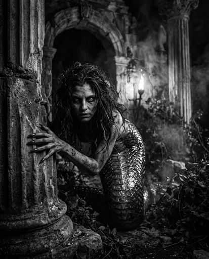Monochrome Serpent Monster Lamia in Temple Ruins