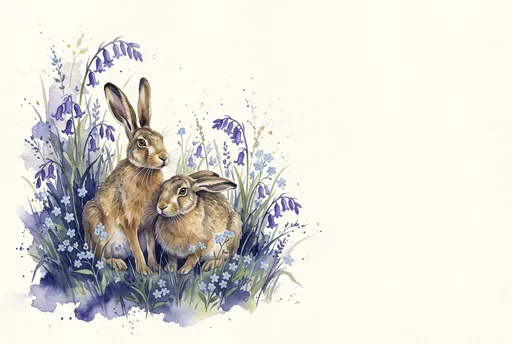 Watercolor Hares in Spring Flowers