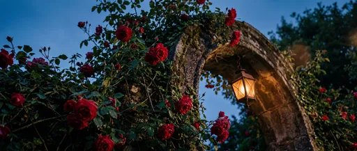 Red Roses on Stone Archway at Dusk