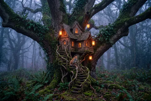 Miniature Treehouse with Fox in Misty Forest