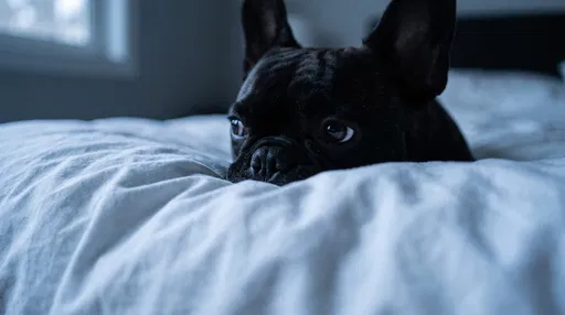 Black French Bulldog Peeking Over White Duvet