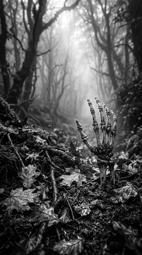Skeleton Hand Emerging from Forest Floor