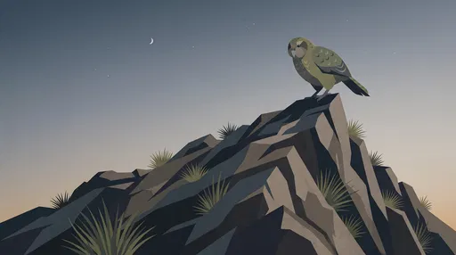 Geometric Kakapo on Rocky Ridge at Twilight